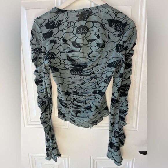 Nwt Free People Through the Meadow Ruched Mesh Top Steel Blue Long Sleeve - Picture 5 of 6
